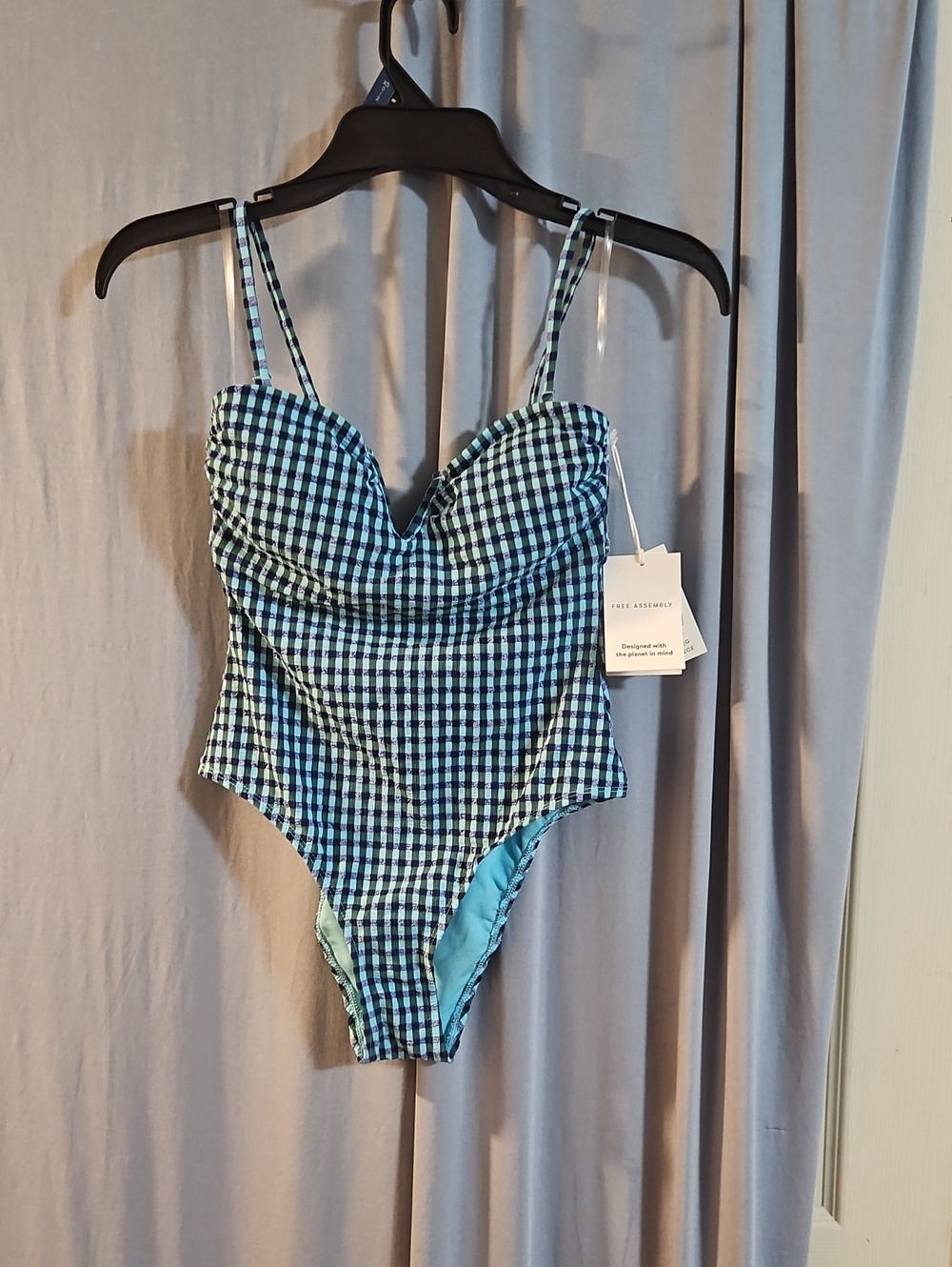 Free Assembly V Wire Seersucker One Piece Swimsuit: BLUE GINGHAM: NWT: XS (0-2)